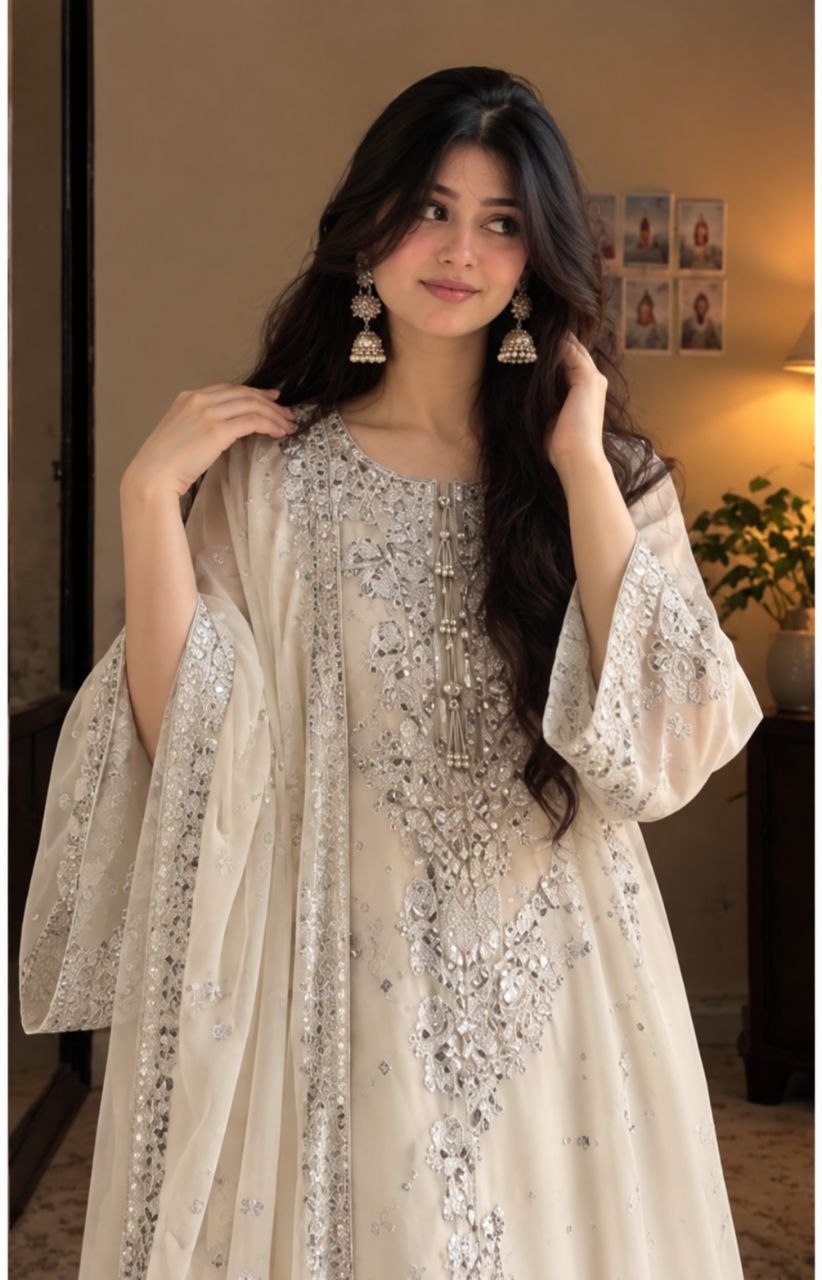 Beautiful Off-White Zari Embroidered Suit