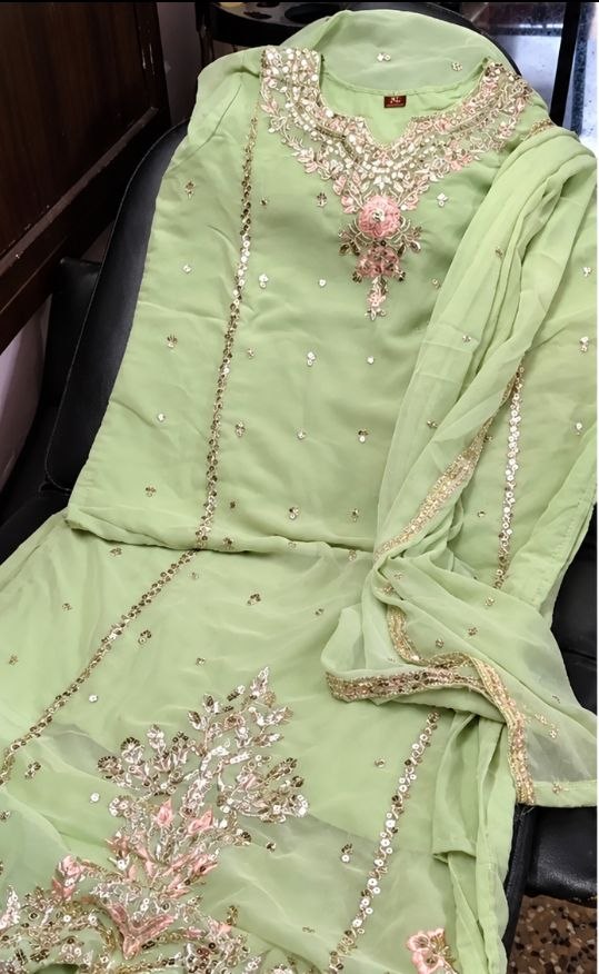 Beautiful Pista Green Embroidered Suit