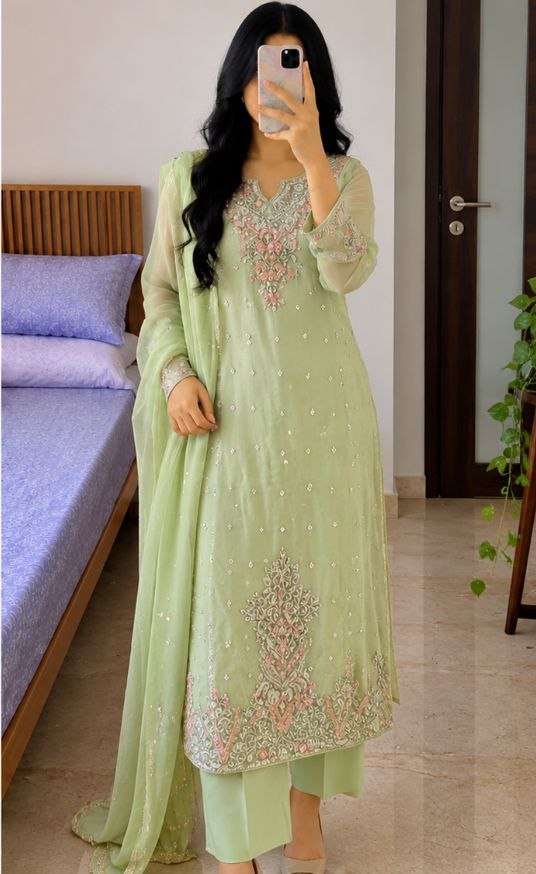 Beautiful Pista Green Embroidered Suit