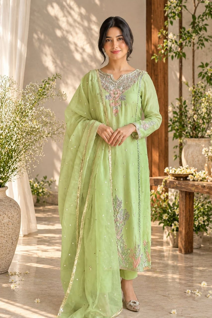 ZAARYN's Meher Pista Green Luxe Multi-Sequin Embroidered 3-Piece Suit