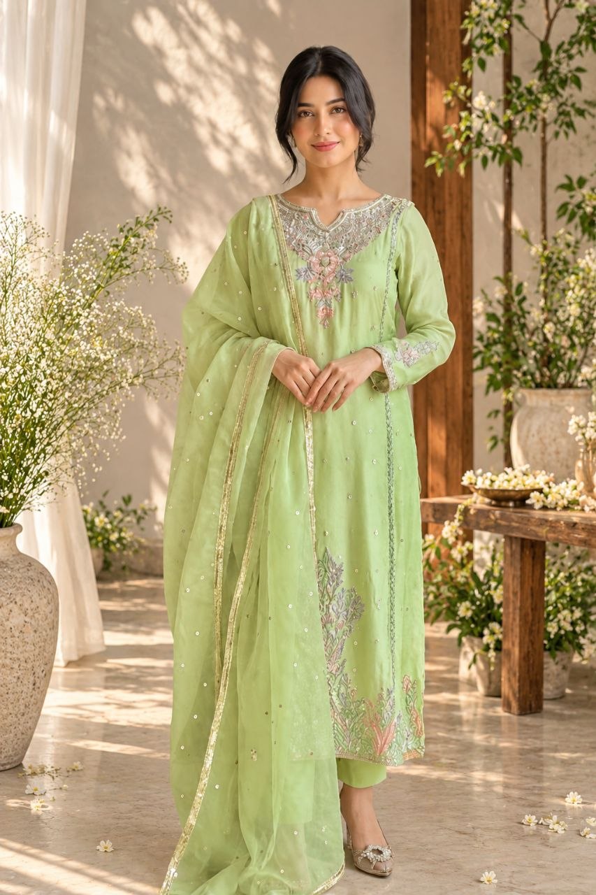 ZAARYN's Meher Pista Green Luxe Multi-Sequin Embroidered 3-Piece Suit