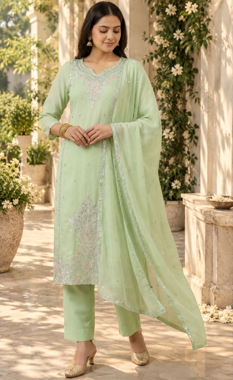 ZAARYN's Meher Pista Green Luxe Multi-Sequin Embroidered 3-Piece Suit