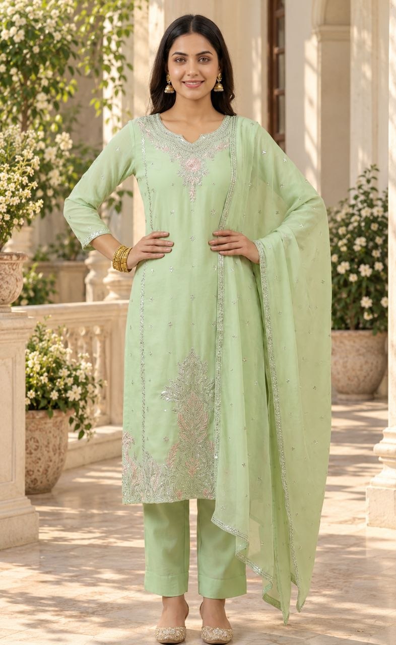 ZAARYN's Meher Pista Green Luxe Multi-Sequin Embroidered 3-Piece Suit