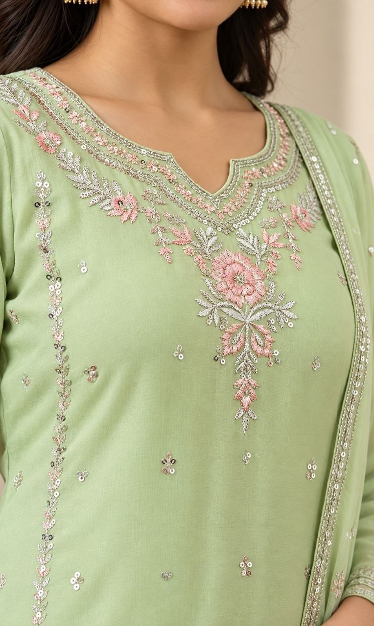 ZAARYN's Meher Pista Green Luxe Multi-Sequin Embroidered 3-Piece Suit