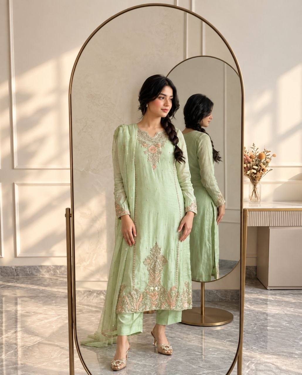 ZAARYN's Meher Pista Green Luxe Multi-Sequin Embroidered 3-Piece Suit