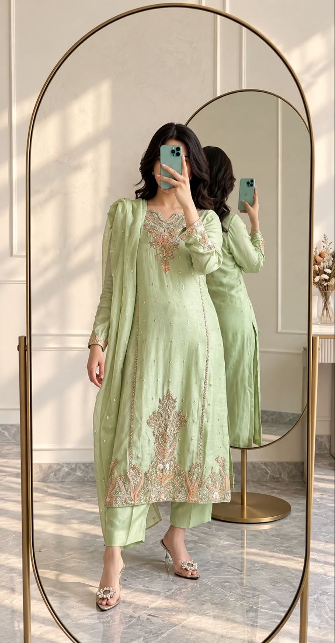 ZAARYN's Meher Pista Green Luxe Multi-Sequin Embroidered 3-Piece Suit