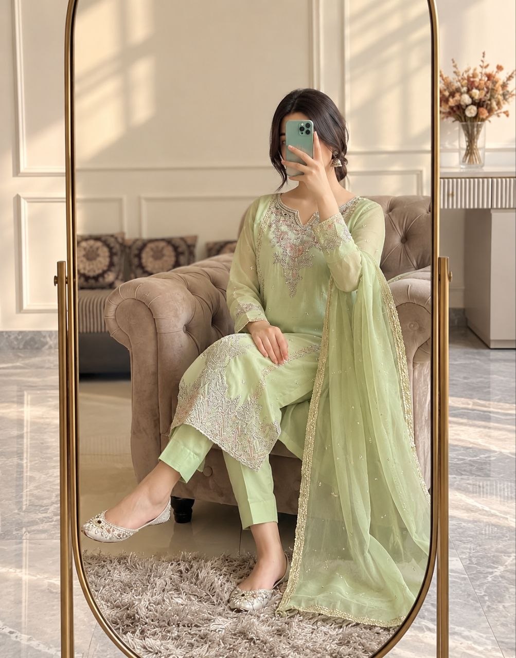 ZAARYN's Meher Pista Green Luxe Multi-Sequin Embroidered 3-Piece Suit