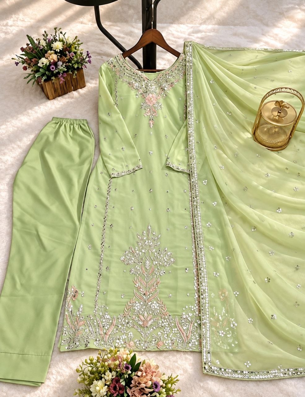 ZAARYN's Meher Pista Green Luxe Multi-Sequin Embroidered 3-Piece Suit