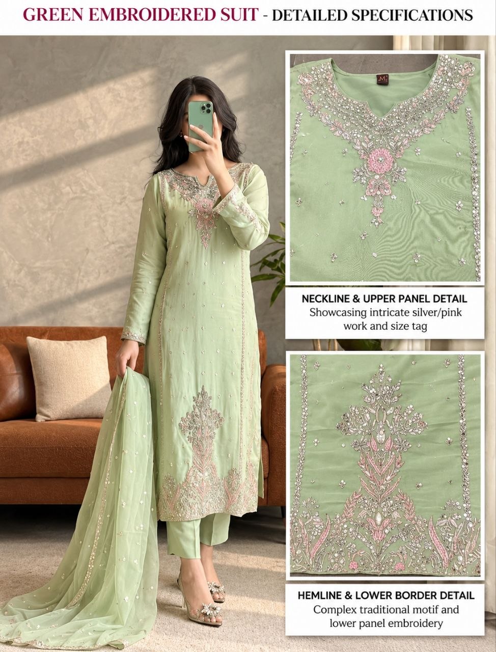 ZAARYN's Meher Pista Green Luxe Multi-Sequin Embroidered 3-Piece Suit