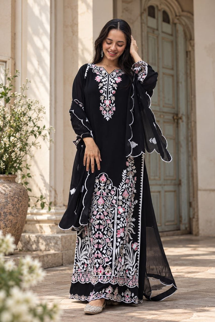 Gulbahar Kashmiri Black & White Multicolor Floral Dhaaga Threadwork 3-Piece Suit