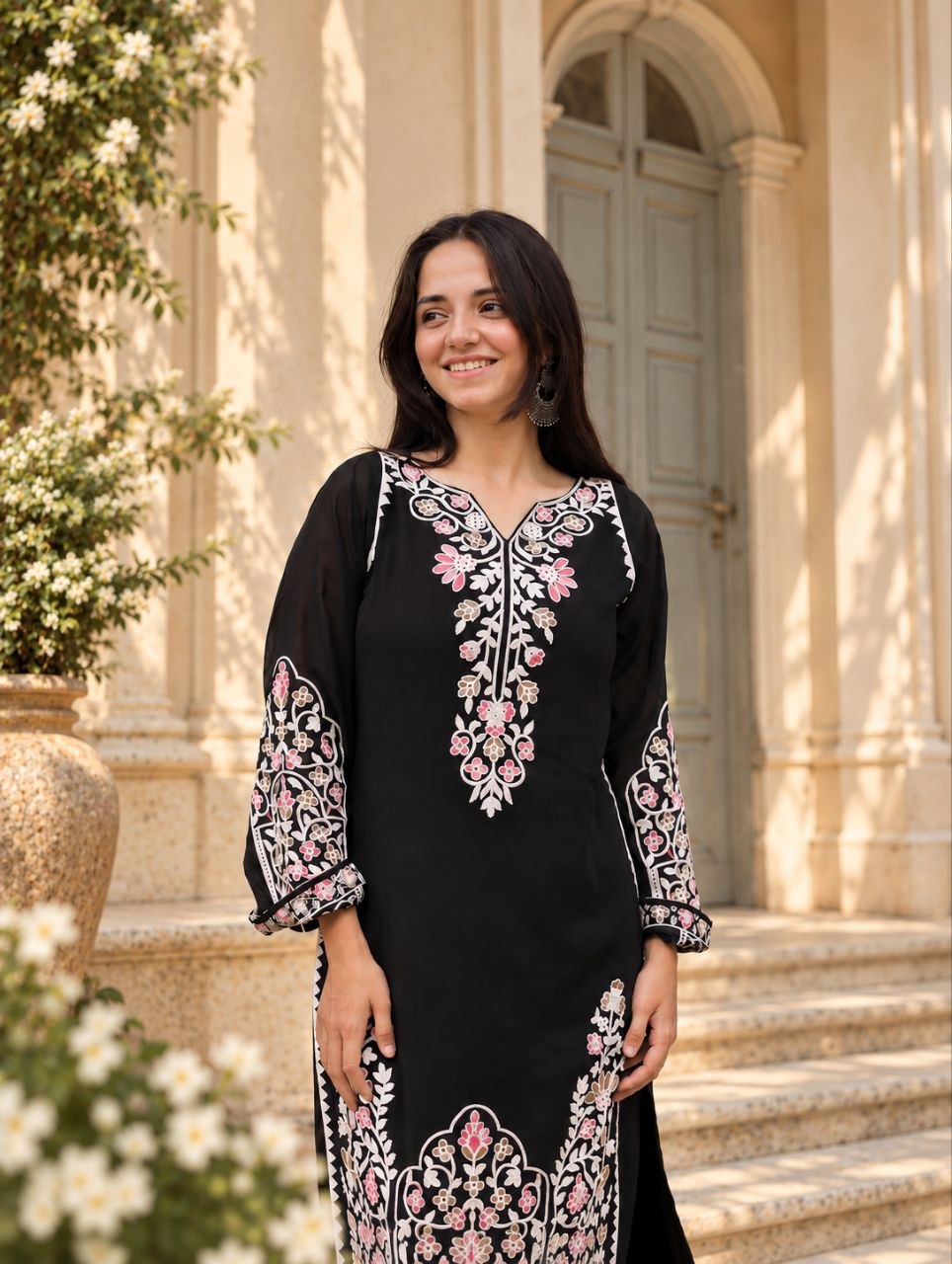 Gulbahar Kashmiri Black & White Multicolor Floral Dhaaga Threadwork 3-Piece Suit