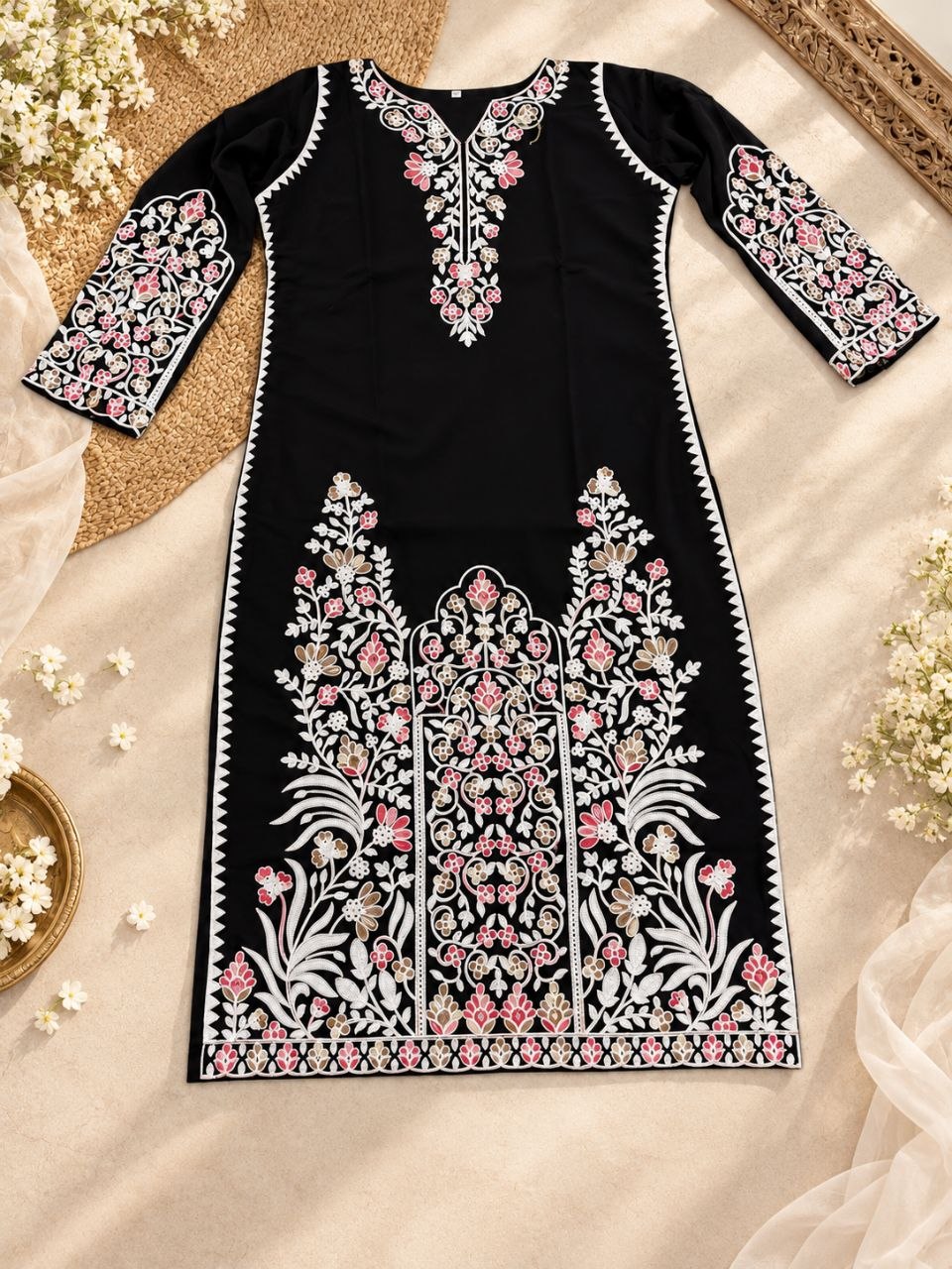 Gulbahar Kashmiri Black & White Multicolor Floral Dhaaga Threadwork 3-Piece Suit
