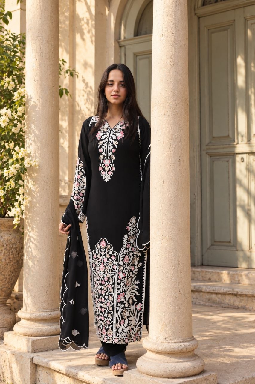 Gulbahar Kashmiri Black & White Multicolor Floral Dhaaga Threadwork 3-Piece Suit